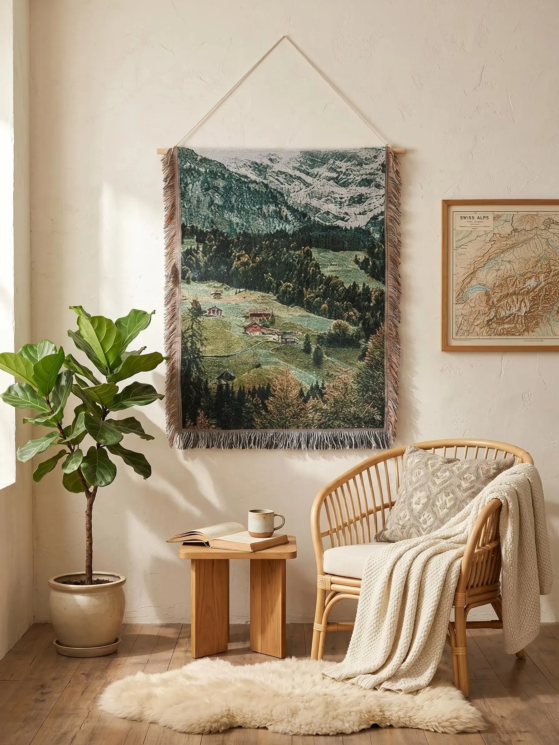 Woven Mountain Tapestry, Alpine Village Wall Hanging, Cottagecore Room Decor Aesthetic, Scenic Nature Blanket Art, Tree Forest Throw Blanket