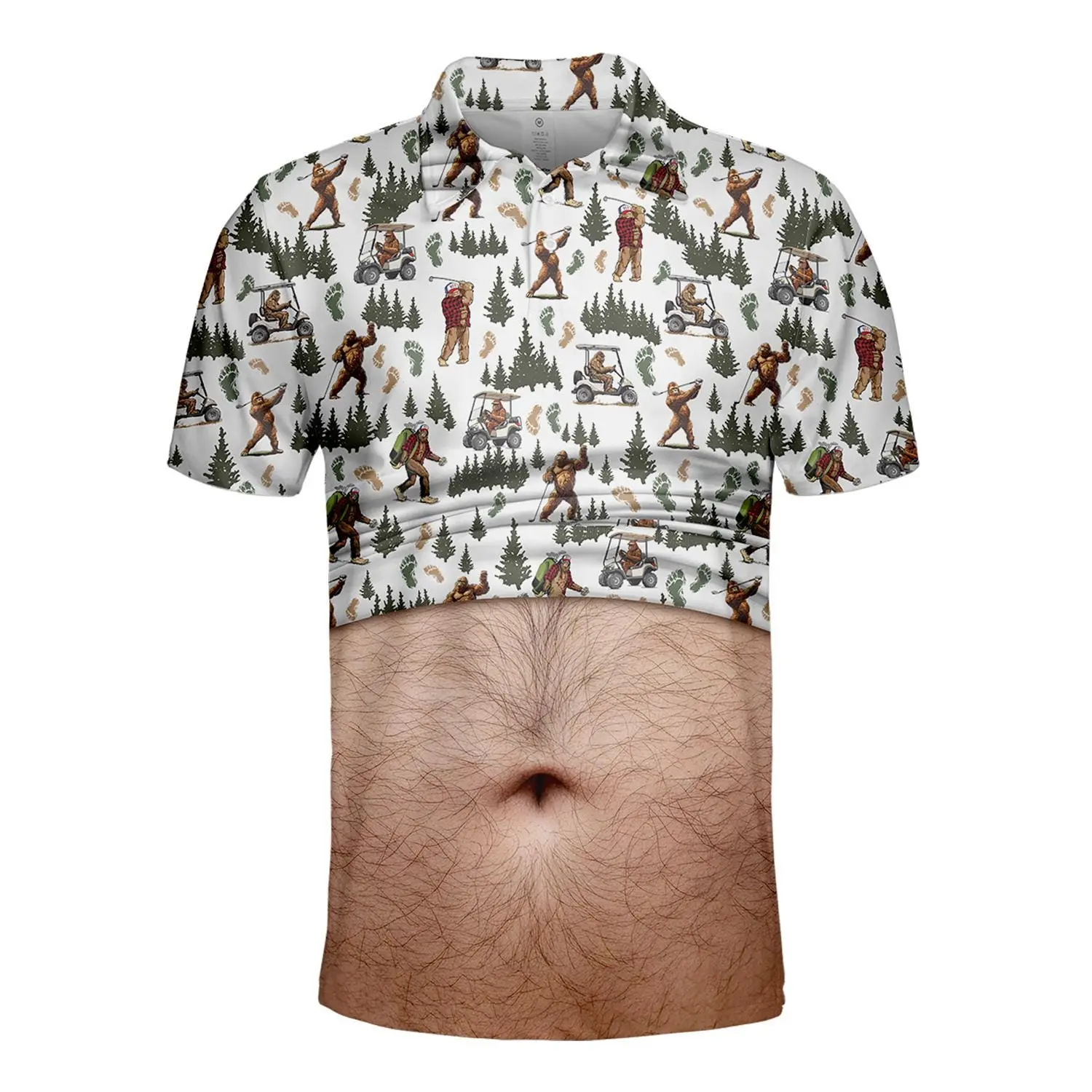 Hilarious Bigfoot Polo  HG Shirt for Men Women, 3D Realistic Fat Belly Graphic Button Up Golf Performance Top, Pine Forest Prank Gift for Dad