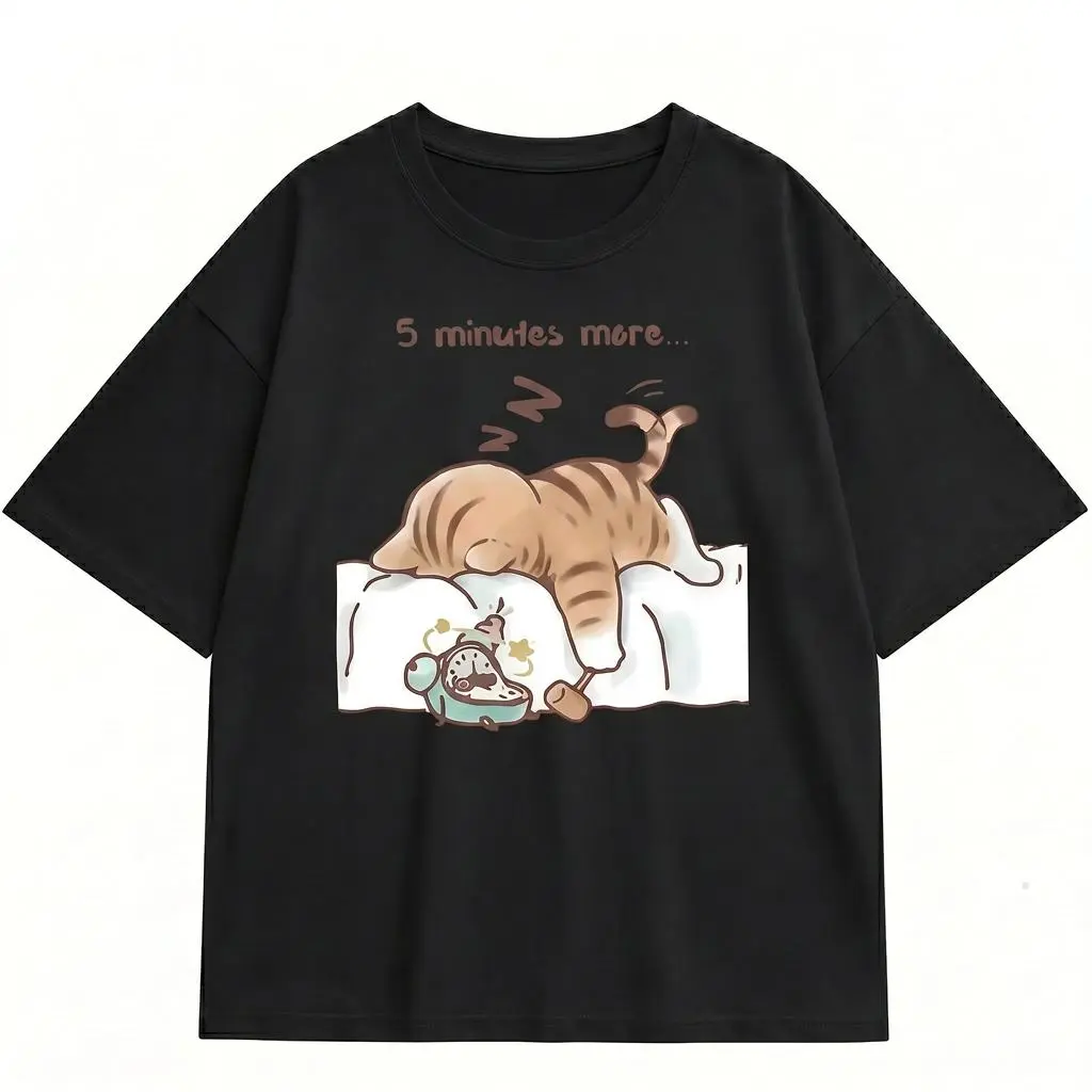Funny Sleepy Cat Graphic Tee Women Plus Size 5 Minutes More Shirt