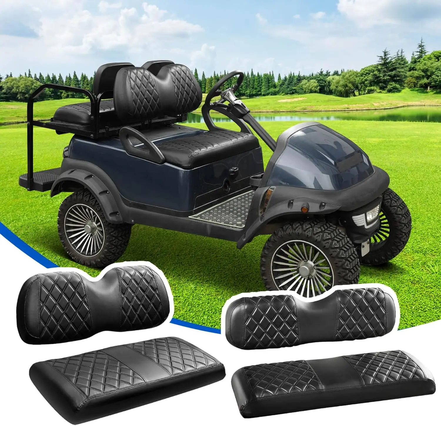NOKINS 4PCS Golf Cart Seat Covers Kit, Front and Rear Seat Covers Fits Club Car Precedent Original Regular Seat Cushion, Club Car Vinyl Seat Covers Accessories, No Staples(Black&Black Stitch)