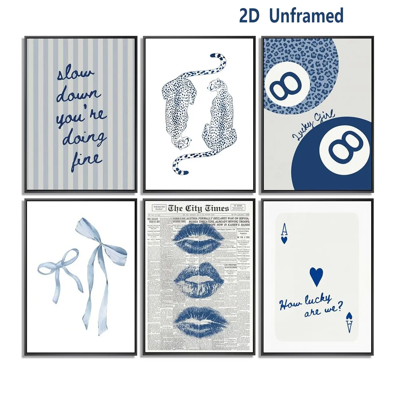 6-piece set, navy blue leopard-print wall art, Aesthetic wall decor, "kissing lips" bow painting, cheetah wall decor, "Lucky No. 8" basketball poster, perfect for girls' bedrooms, living rooms, and dorm rooms, frameless 2D canvas pr
