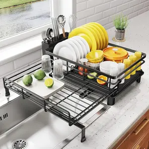 SNTD Dish Drying Rack - Extendable Dish Rack, Large Sink Drying Dish Drainer for Counter, Stainless Dish Strainer with Utensil Holder (Black)