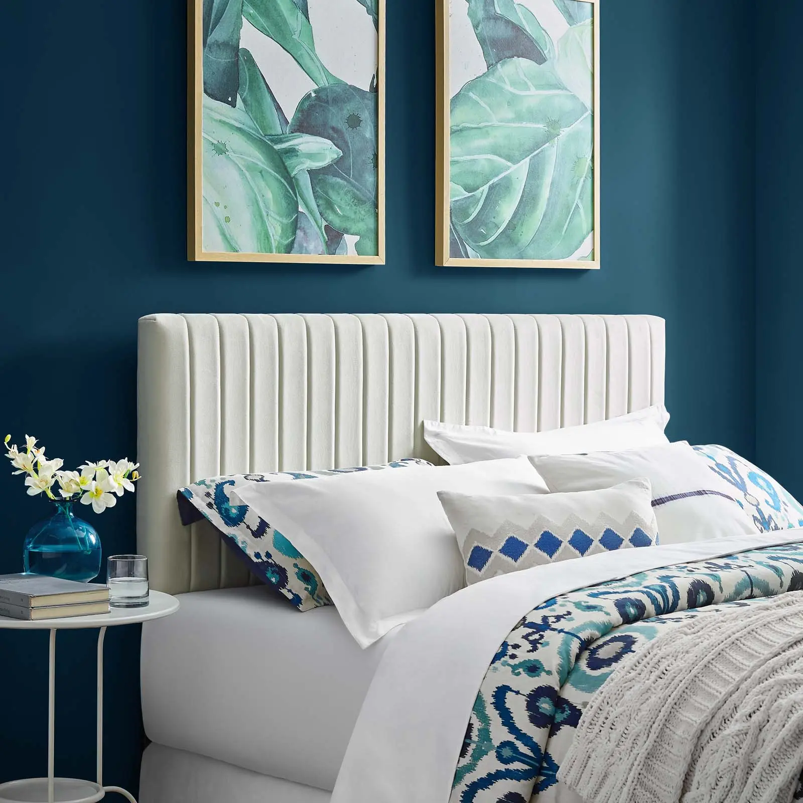 Modway Keira Modern Upholstered Bed with Tufted Button Headboard - King/California King Size, Long-Lasting Performance Velvet, Ivory Indoor Bed Frame, Headboards