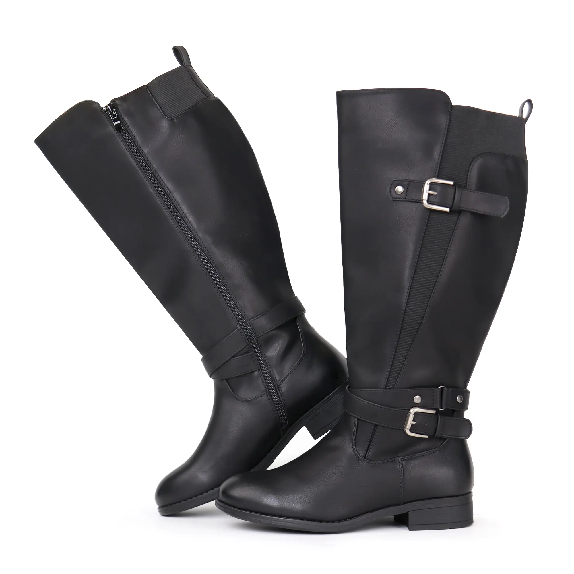 Women's Extra Wide Calf Low-Heel Knee-High Riding Boots - Ankle Strap, Sleek Design, Shoe, Footwear