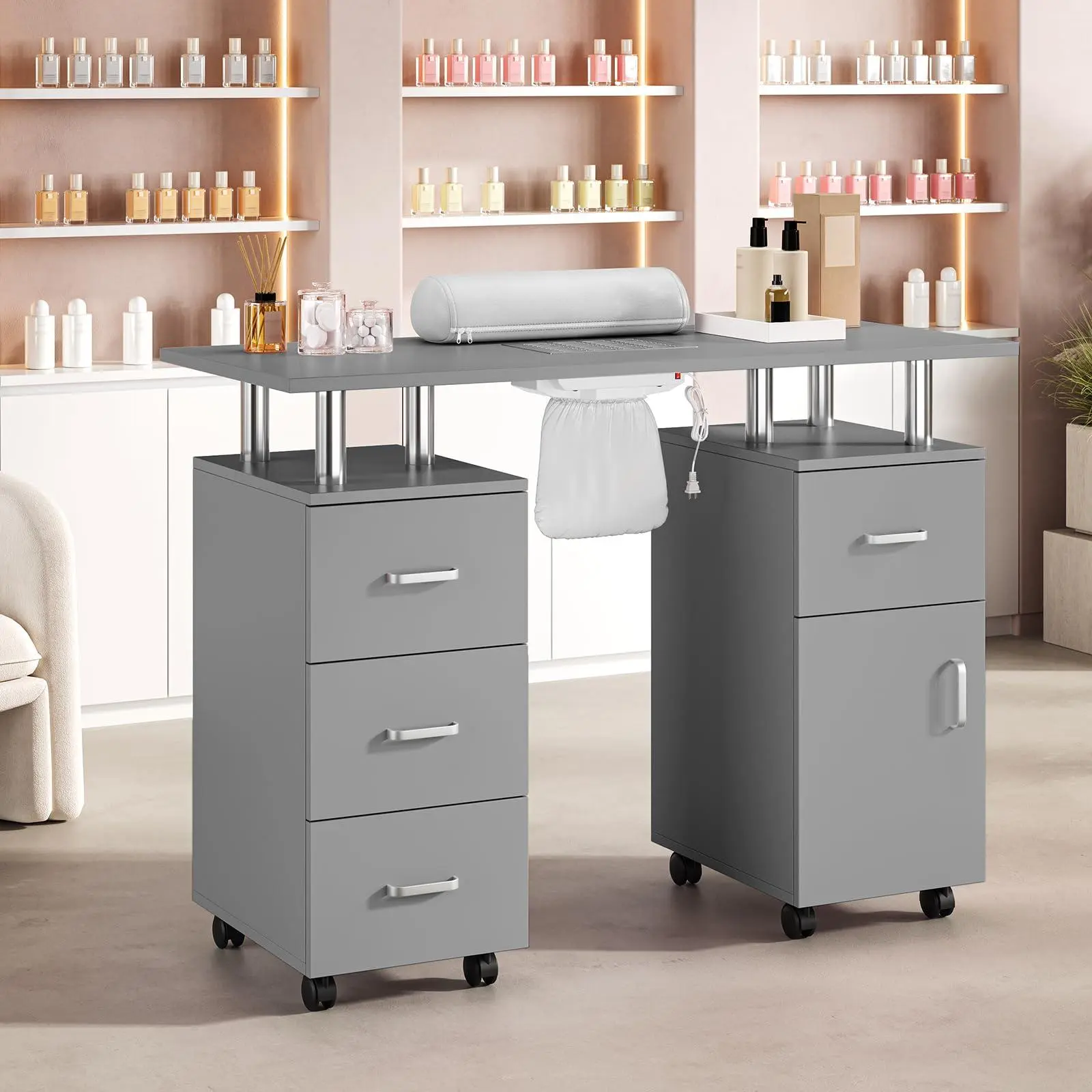 GARVEE Nail Tech Table with Dust Collector, Storage Drawers, Hand Rest, Locking Wheels, Portable Manicure Table Manicure Station for Makeup Beauty Salon & Spa Workstation