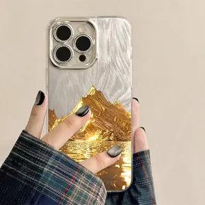 Golden Mountain Phone Case for iPhone 16 15 Plus 14 13 12 11 Pro Max, Silver Water Ripple Attract Wealth Fortune Feather Yarn Phone Cases