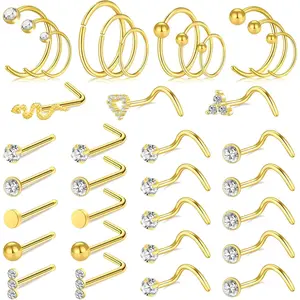 23-40 Pcs  Nose Rings & Studs - 18G & 20G Nose   - L Shape, Hoop & Screw   for Women & Men