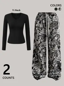 Two-Piece Set Tree Print Graphic Pants & V-Neck Short Top, Slim Fit Streetwear Casual Fashion Trendy Fitted Womenswear