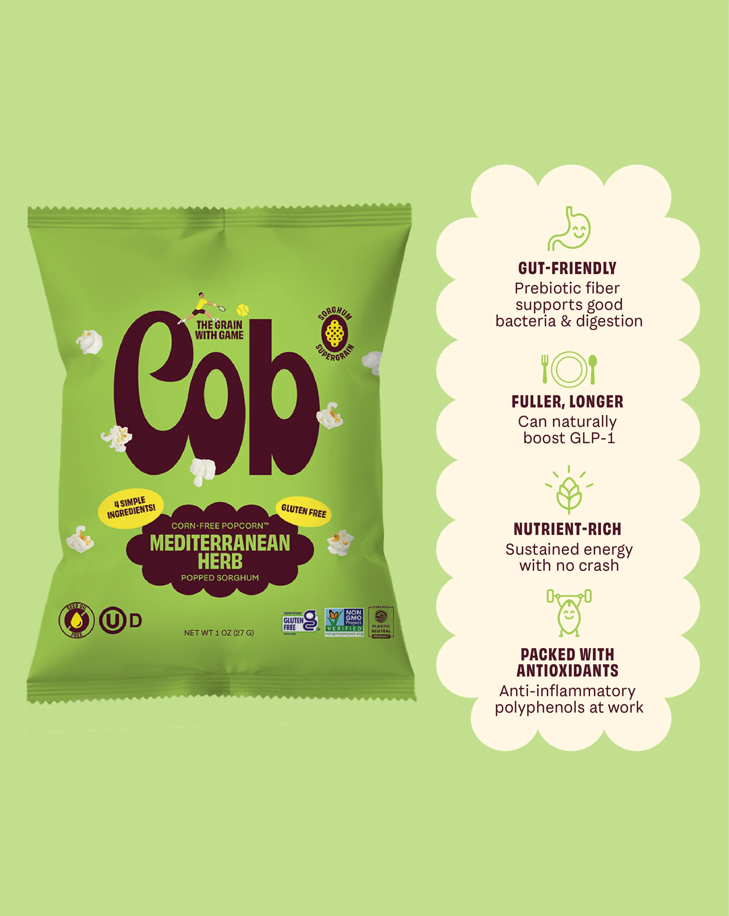 Mediterranean Herb Corn-Free Popcorn, Natural Dietary Fiber Snack, Dietary Fiber Popcorn