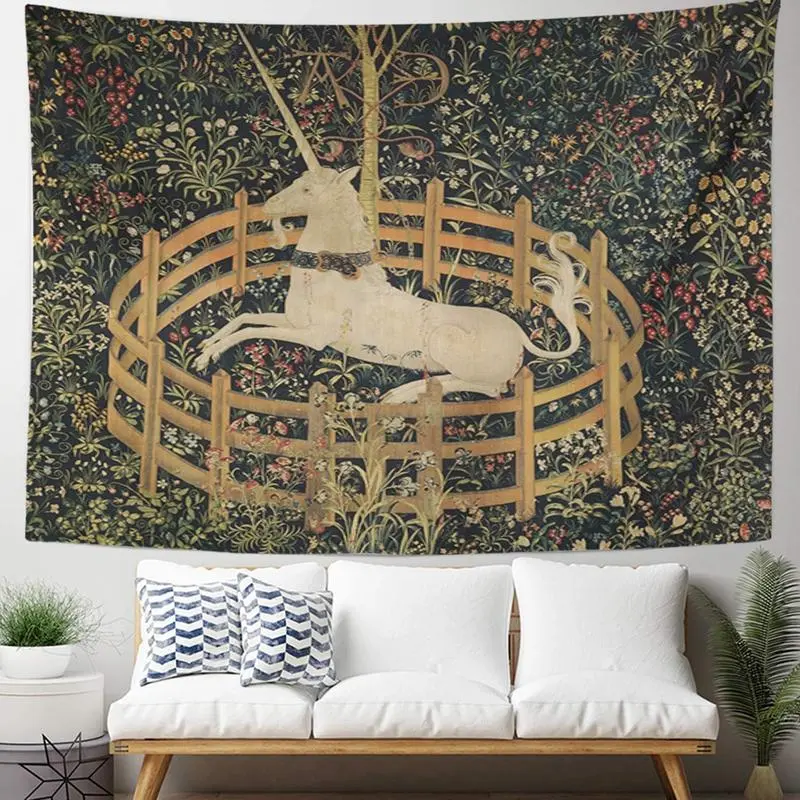 Medieval Vintage Unicorn Hunt Fabric Tapestry, Rectangular Rolled Wall Hanging with Flower Print & LED, Room Decor for Home (Multi-Use as Mattress Cover, Tablecloth, Curtain)