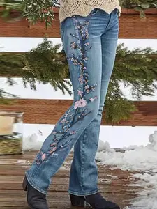 Women's Floral Embroidery Denim Pants, Fashion Casual Comfy Loose Stretchy Jeans for Daily Wear, Ladies Bottoms for Spring & Fall, Womenswear Trouser