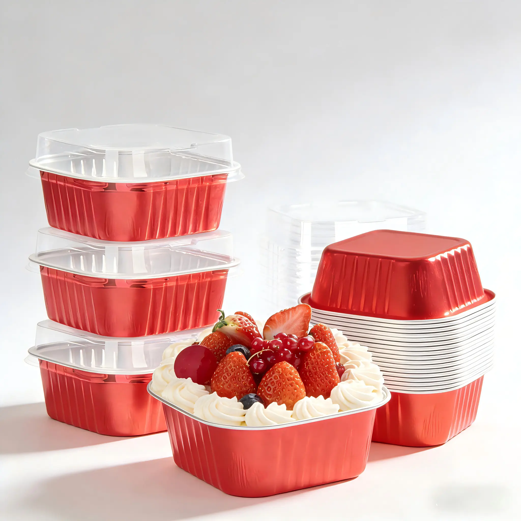 30-Pack Mini Aluminum Foil Cake Pans Set, 5oz (150ml) Rustproof Square Pans with Secure Red Modern Plastic Lids, Multipurpose Bakeware Kit, Kitchenware for Baby Showers, Desserts