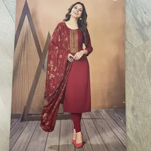 #S3 (3‑Piece) Kurta Suit Set in Deep Maroon  fitted bottom (churidar/leggings style) for a sleek silhouette with Floral Dupatta, Embroidered Neckline