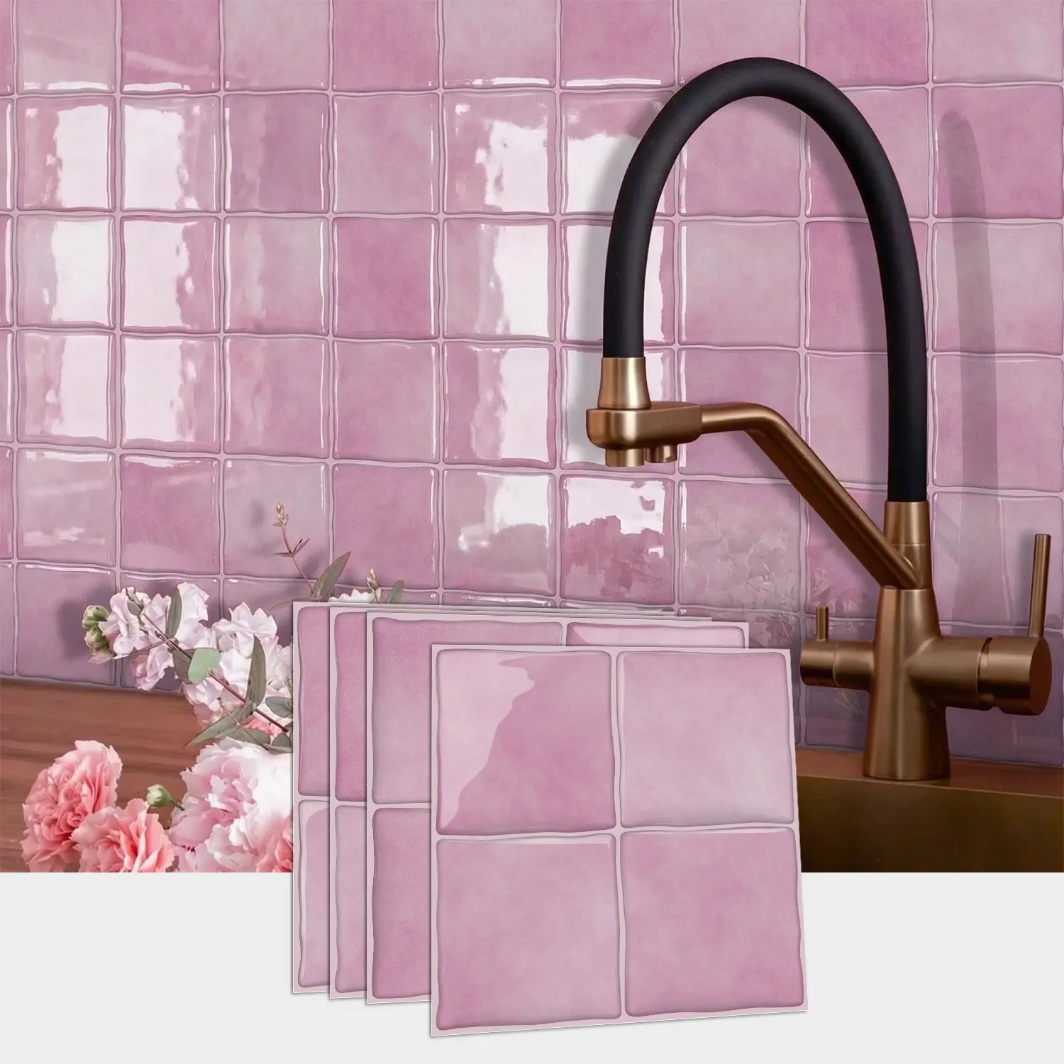 12/24 PCS per Box D-PBS Epoxy Decorative Tile Wall Stickers PET+PU Material Macaron Pink Small Square Tile Waterproof Oil-Proof Stick on Backsplash Tiles Sticker for Kitchen Bathroom Home Decor, Waterproof Wall Decal, Household Decoration Supplies