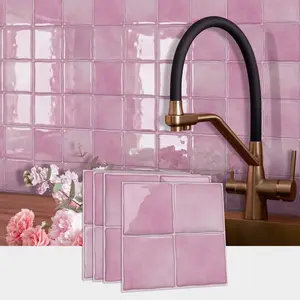 12/24 PCS per Box D-PBS Epoxy Decorative Tile Wall Stickers PET+PU Material Macaron Pink Small Square Tile Waterproof Oil-Proof Stick on Backsplash Tiles Sticker for Kitchen Bathroom Home Decor, Household Decoration Supplies