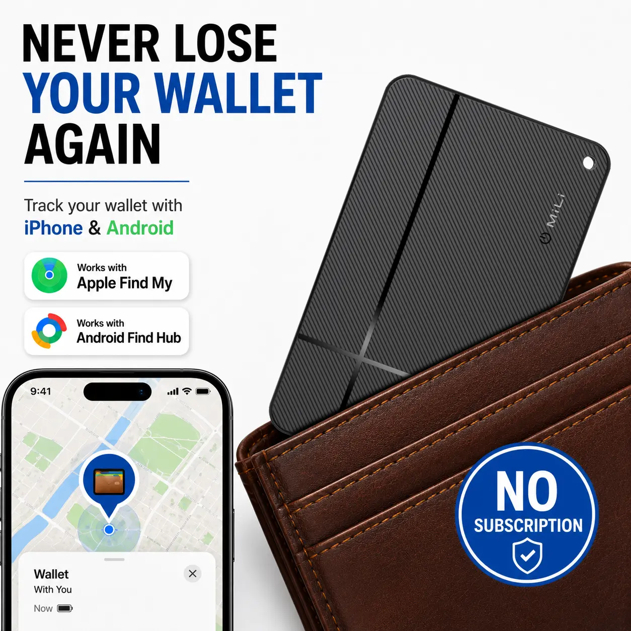 MiLi  Wallet Tracker Card, Wireless Charging NFC-Enabled Slim Wallet Finder for Apple Find My & Android Find Hub, Anti-Lost Bluetooth Tracker Card for Wallets, Purse, Passport, Luggage, Backpack, Key Finder, Gift for Men, Travel Essentials