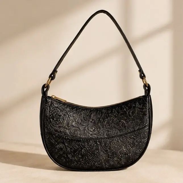 Mexican Leather Shoulder Bag - Handcrafted with Intricate Embroidery and Zip Closure, Perfect for Everyday Use