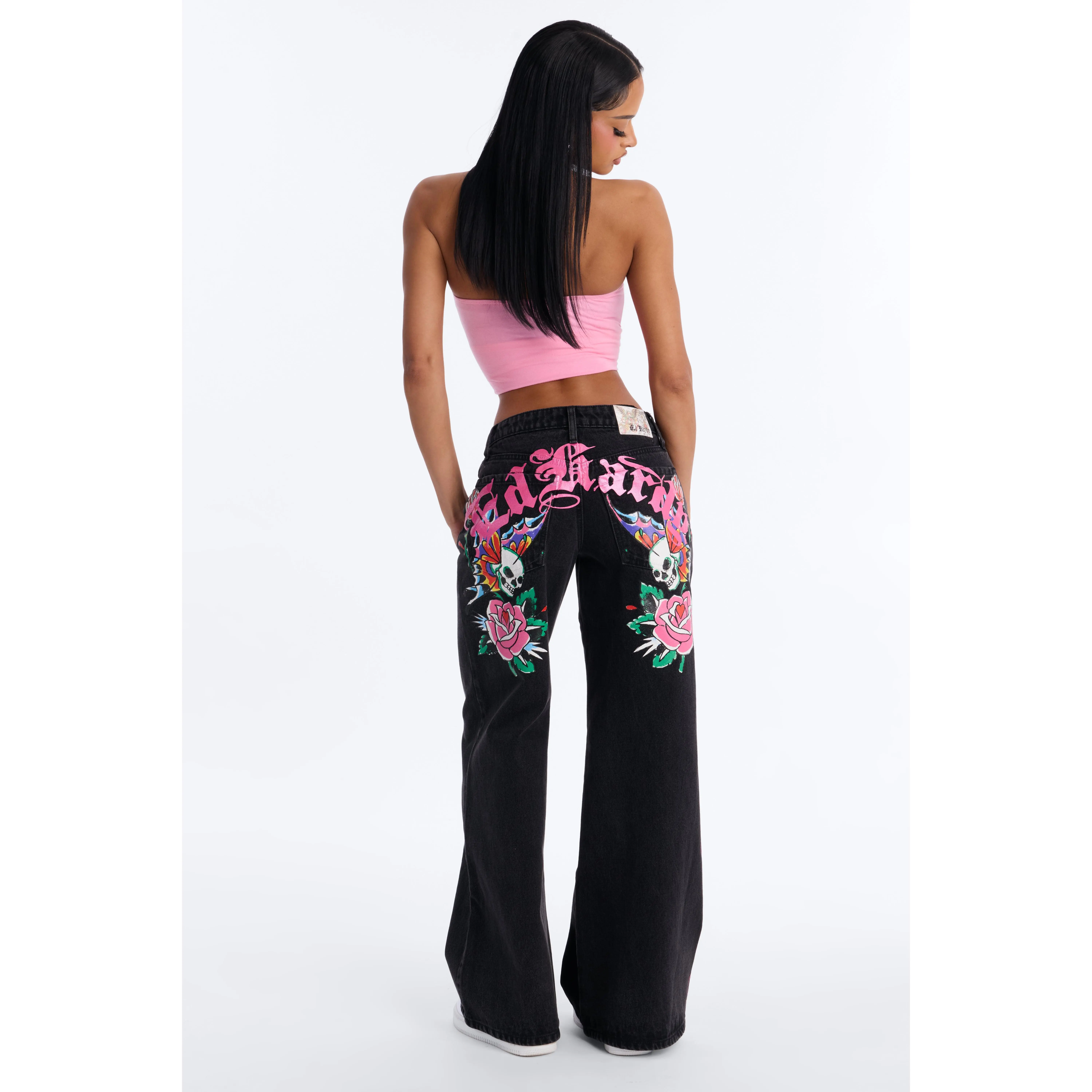 Ed Hardy Skull Flower Wide Leg Jeans - Black