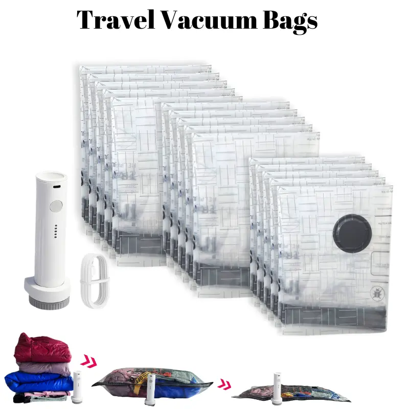 Cordless Travel Vacuum Compression Bag Set (3 Sizes) for Carry-On Suitcases - 140L/Min Air Removal USB Rechargeable Handheld Pump with Built-In Battery, Compressible Travel Bags, Vacuum Packing Kits, Luggage Packing Organiser