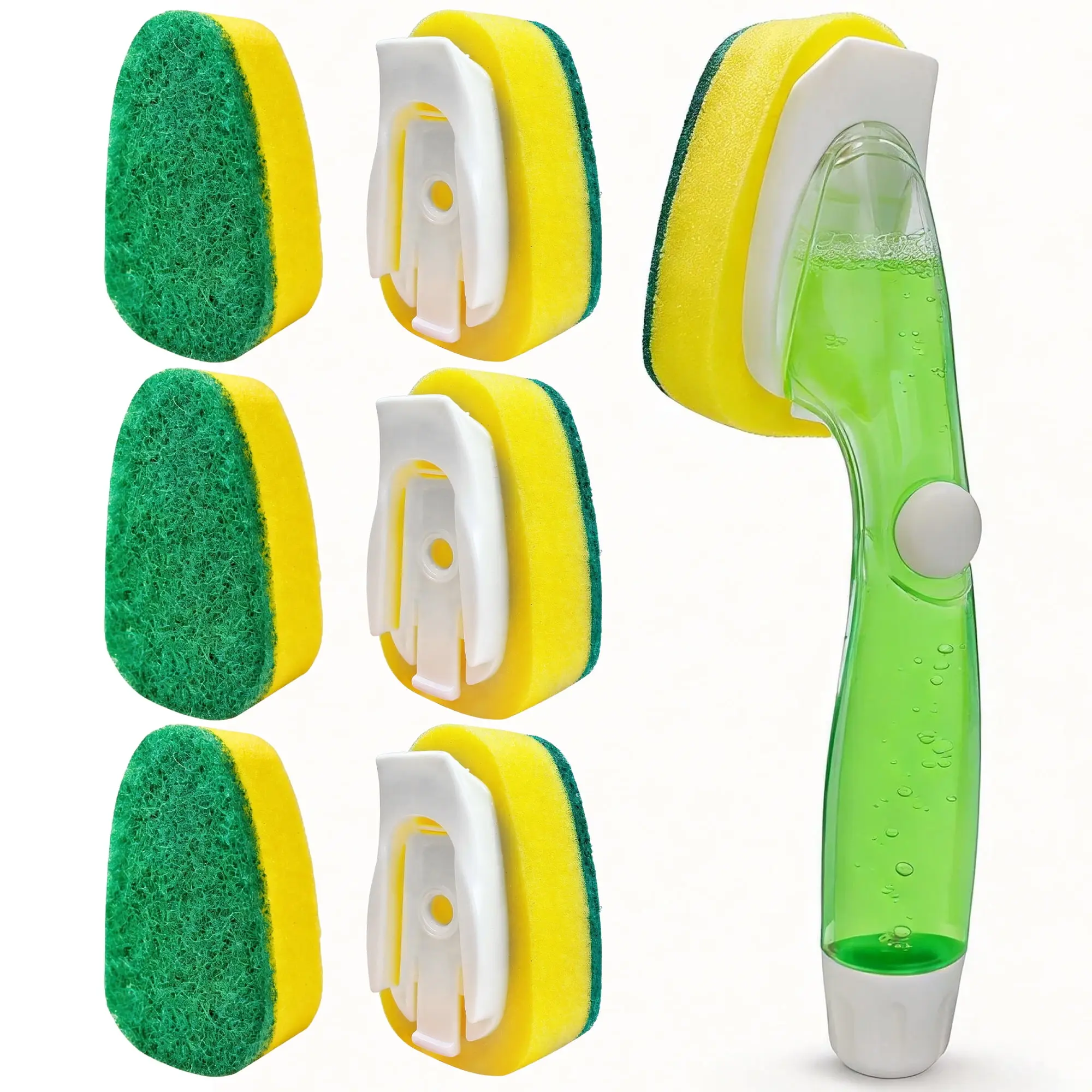 Dish Brush with Soap Dispenser Wand, 1 Dish Wand & 7 Sponge Refills, Soap Control Dispenser Leak-Free Scrub, Non-Scratch Non-Scratch Dishwand Kit for Nonstick Pots and Pans, Glass, Tubs, & Showers