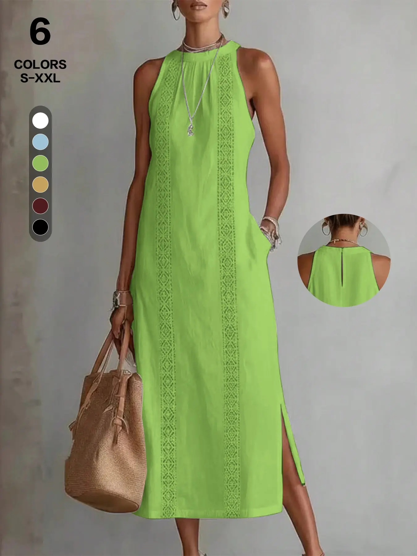 2026 European Chic Style Halter Linen Dress, Lace Trim Sleeveless Backless Long Dress, Summer Breathable Comfort Home Wear, Casual Two-In-One Dress