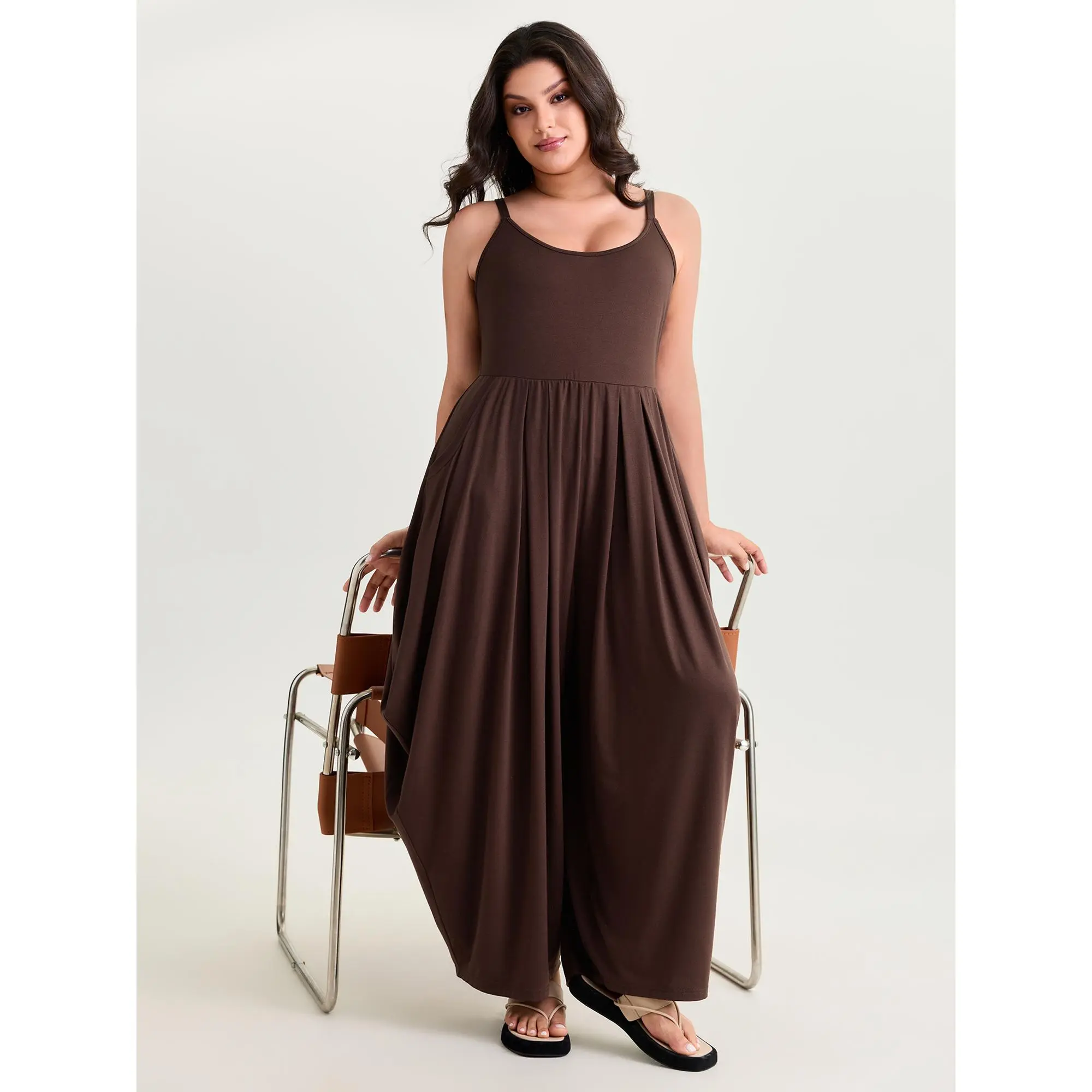 BloomChic Plus Size Solid Jumpsuit, a Simple Flowy Scoop Neck Style in Comfy Stretch Fabric with Pockets for Everyday Summer Wear, Fit, Basic, Breathable, Scoop Jumpsuits & Rompers, Stretchy Draping Fabric Jumpsuits & Rompers