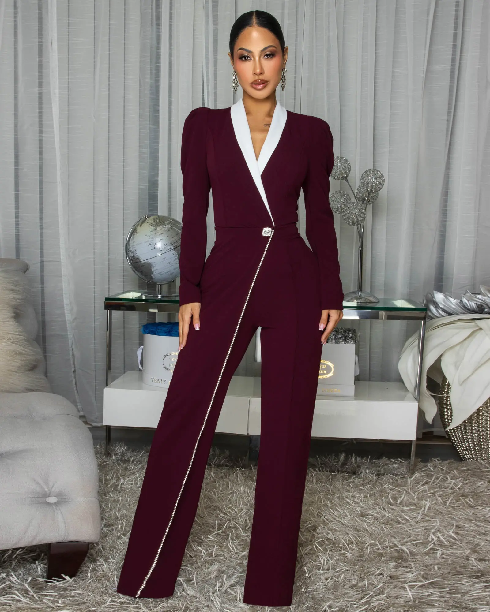 Allara Burgundy White Lapel Tuxedo Jumpsuit