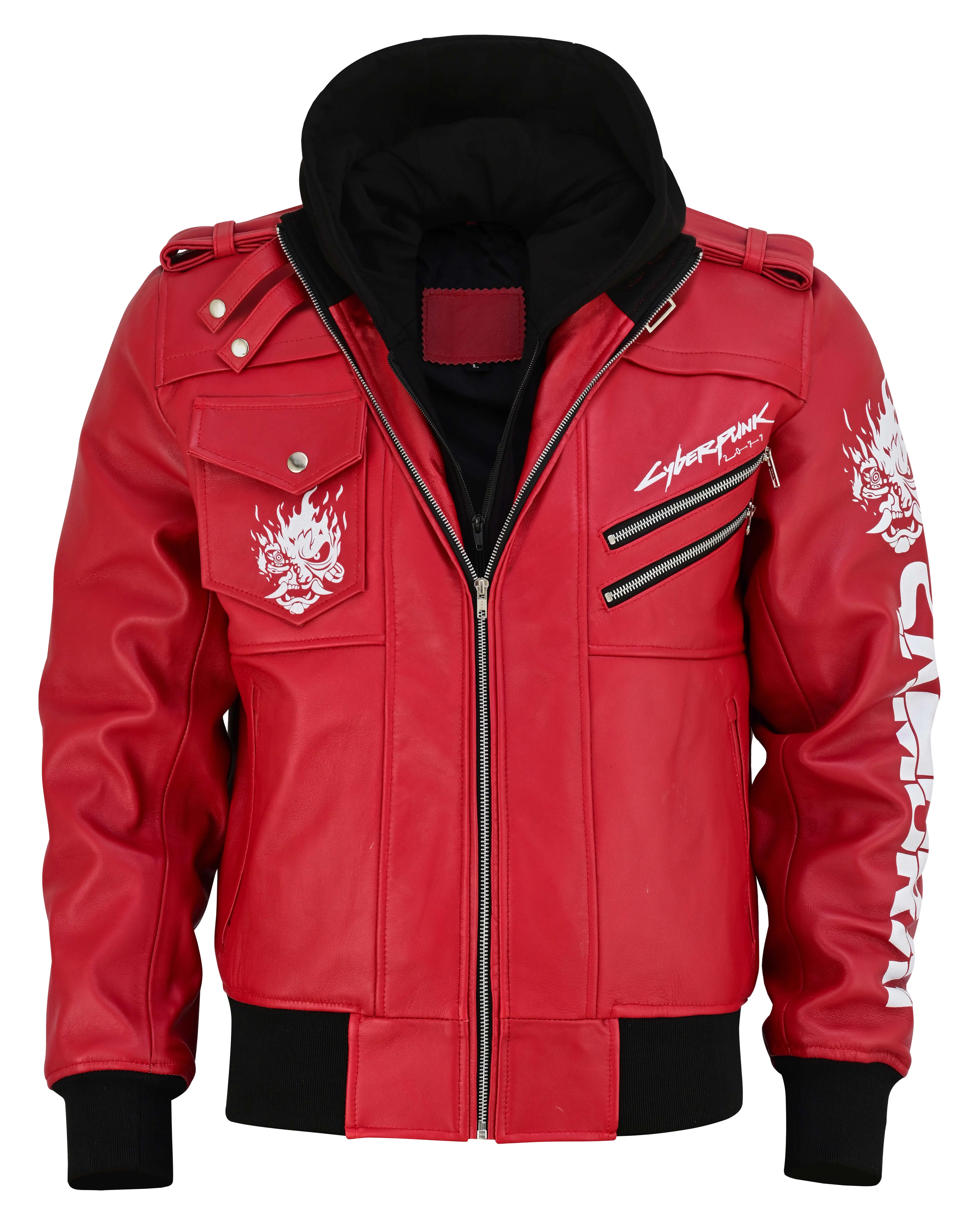 Premium Red Cyberpunk 2077 Samurai Gaming Leather Jacket Removable Hood- Best Gift Menswear Coats