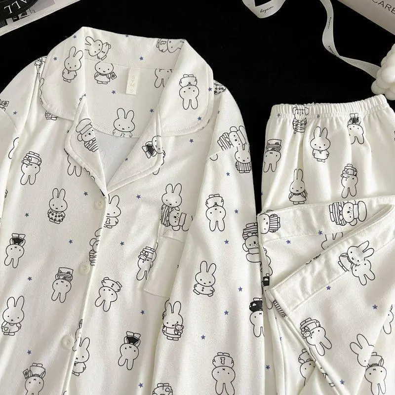 Kawaii Miffy Bunny Thermal Brushed Flannel Sleepwear Set Cozy Open-Front for Women Cute Cartoon Autumn Winter Pajamas K-trend