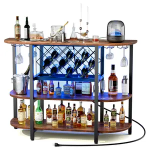 47in Bar Cart with Charging Station LED Home Bar Cabinet with Storage Metal Wine Cabinet Liquor Cabinet Table with Glasses Holder and Wine Bottle Holder RGB LED Lights Music Sync