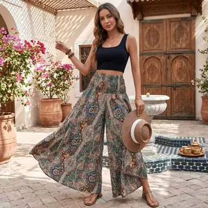 Women's Boho Wide Leg Pants High Waisted Vintage Floral Print Palazzo Trousers for Summer Vacation and Casual Beach Wear
