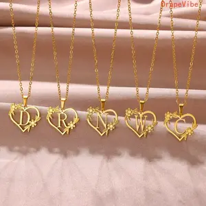 Stainless Steel Hollow Heart Flower Initial Necklace, Personalized Initials Jewelry, Elegant Daily Accessory for Girlfriend, Ideal Gift for Sports & Outdoor Fan Shop Enthusiasts, Initial Necklaces