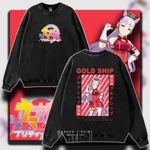 Uma Musume Pretty Derby "Gold Ship Racing" Double Sided Graphic Washed Oversized T-Shirt Cotton Streetwear Crewneck Clothes Menswear