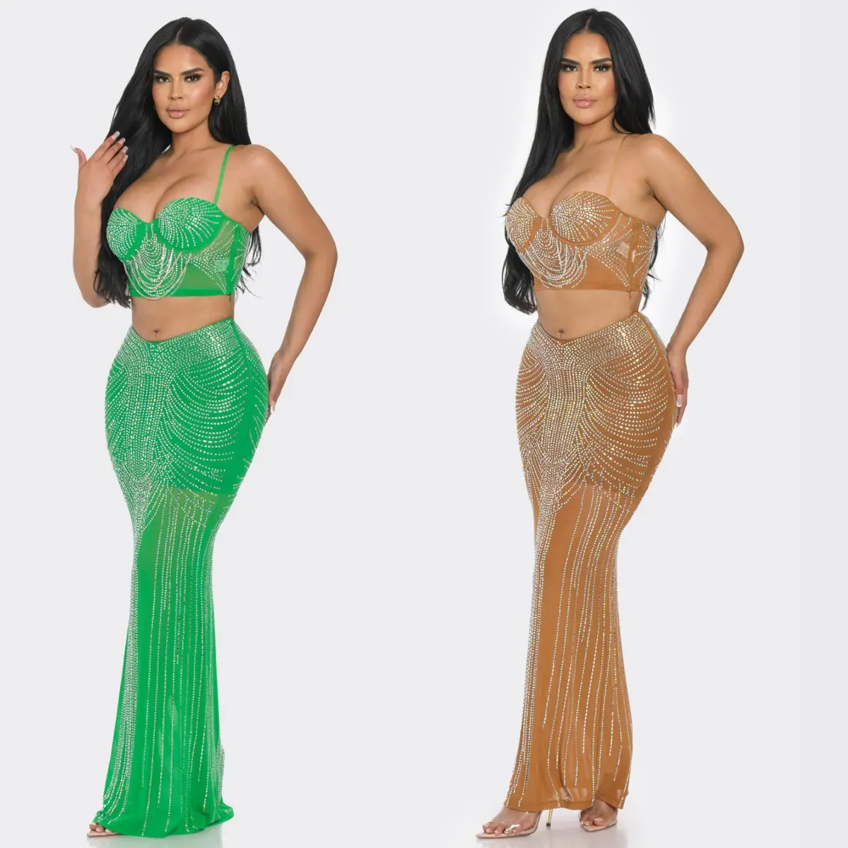Women's 2 Piece Sets - Rhinestone Crystal Embellished Crop Top & Maxi Skirt Combo, Coordinated Costume Set for Glam Evening Occasions, Women 2 Piece Sets