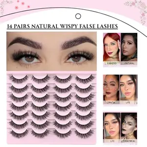 14 Pairs Natural Wispy False Lashes, Fluffy Cat Eye Mink Strip Eyelashes, Short Natural Look 8-14mm, Lightweight Fake Lashes for Daily Makeup