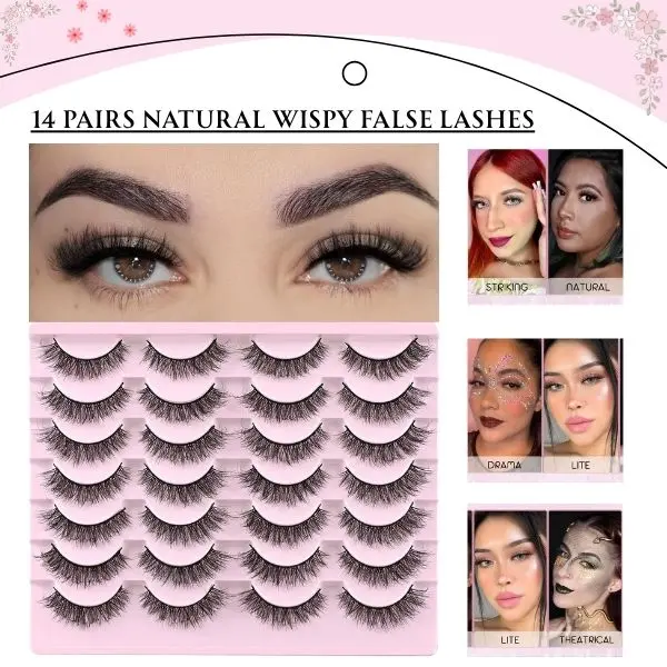 14 Pairs Natural Wispy False Lashes, Fluffy Cat Eye Mink Strip Eyelashes, Short Natural Look 8-14mm, Lightweight Fake Lashes for Daily Makeup