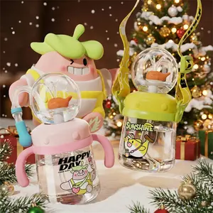 【COMOBEBE】10oz Spill-Proof Tritan Rocket Ship & Whale Fountain Sippy Cup – BPA-Free, Soft Straw, Fun Spray Design, Dishwasher Safe, Perfect for Kids