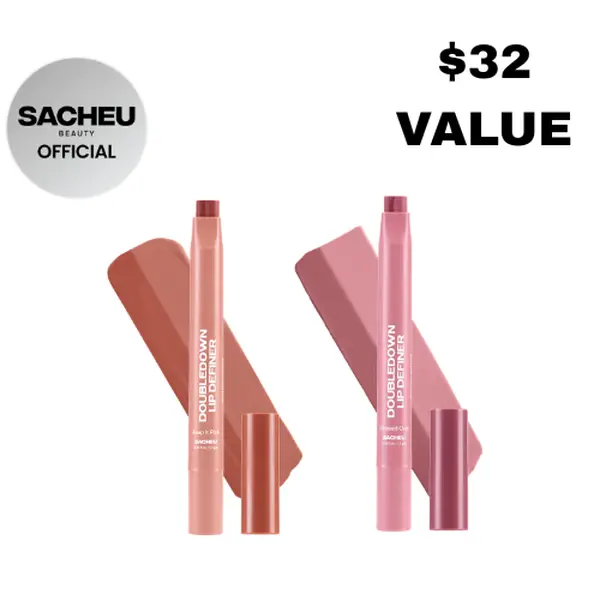 sacheu DoubleDown Lip Definer Duo | Choose Your Shades | 2-in-1 Lip Liner & Lip Balm | Satin Finish Kbeauty Lipstick