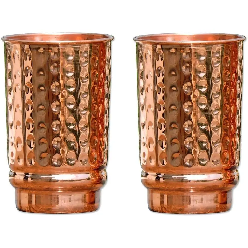 Classic Pure Copper Tumblers Set of 2 - Antique Hammered, Unlined, Uncoated, Lacquer-Free 350ml (11.8 US Fl Oz) Glossy Cups for Iced Tea, Ayurveda Health Benefits, Cup