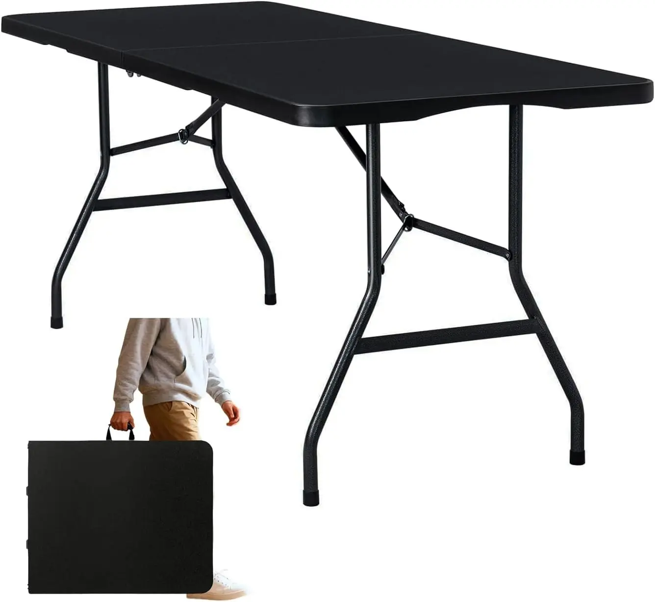 Folding Table 6ft Foldable Table with Built in Handle & Steel Legs / 6FT Heavy Duty Folding Portable,Perfect for Party, Dining Indoor/Outdoor Events, Tailgating & Backyard BBQ, Black