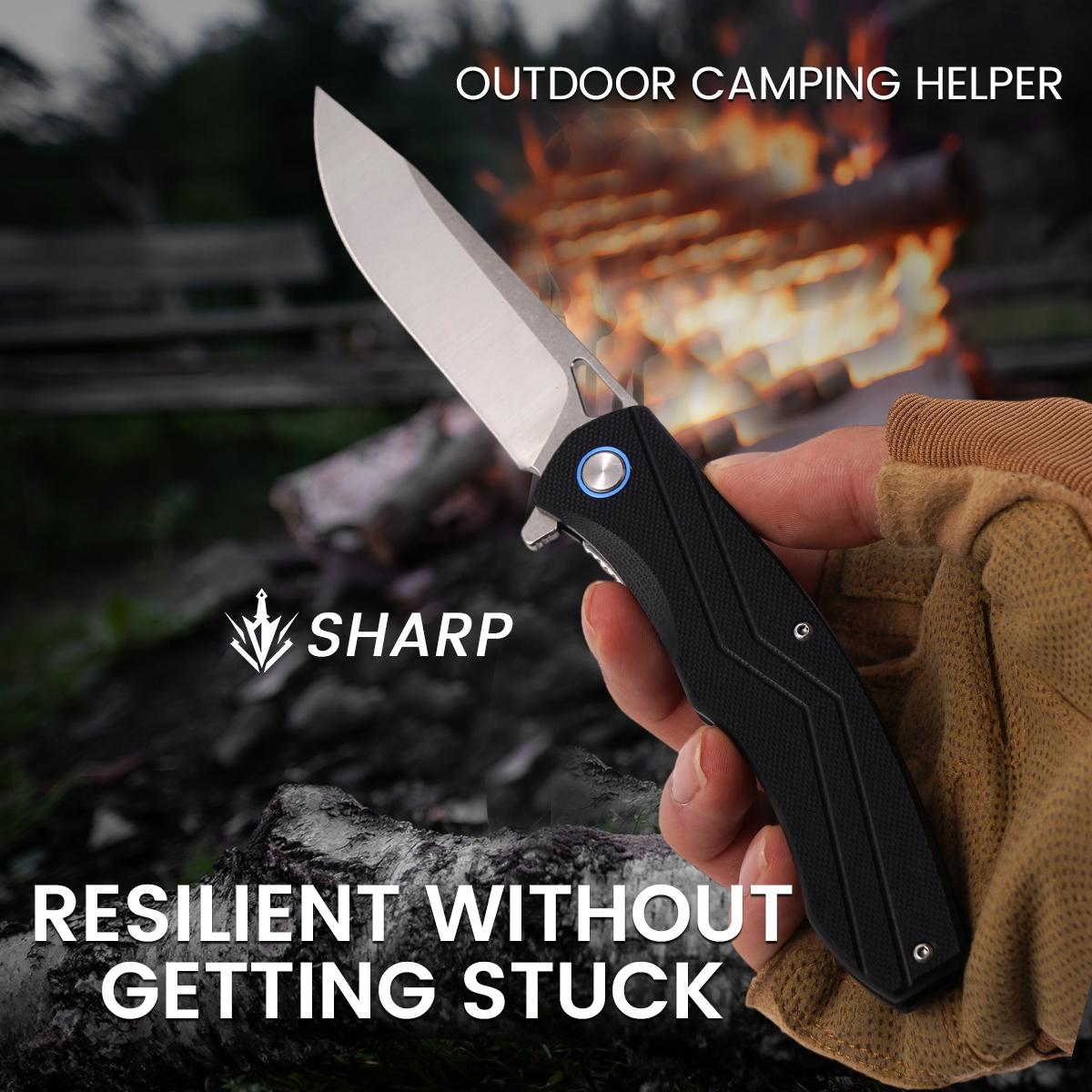 Outdoor Survival Folding Knife with Blue Accent，Premium EDC Folding Pocket Knife with G10 Handle, Ultimate Outdoor Survival Tool for Camping Hiking