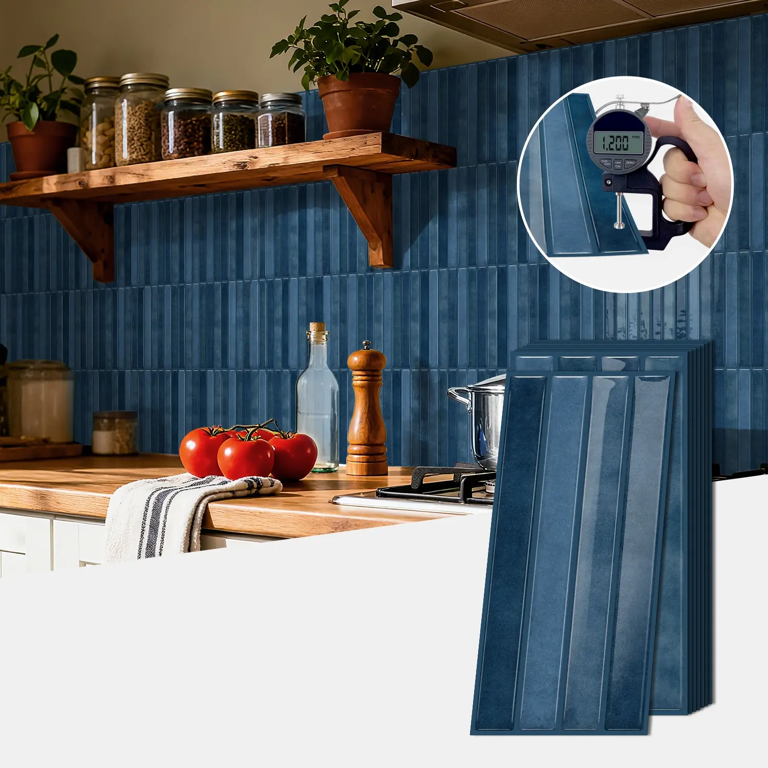 12/24/48PCS (ETP03) Epoxy 3D Deep Blue Vertical Striped Tile Stickers | Waterproof Oil-Proof Kitchen Backsplash Decor