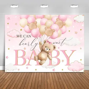Bear  Shower Backdrop 7x5ft We Can Bearly Wait Party Decorations Background for Girl Bear Theme  Shower Banner Photo Booth Prop (Pink)