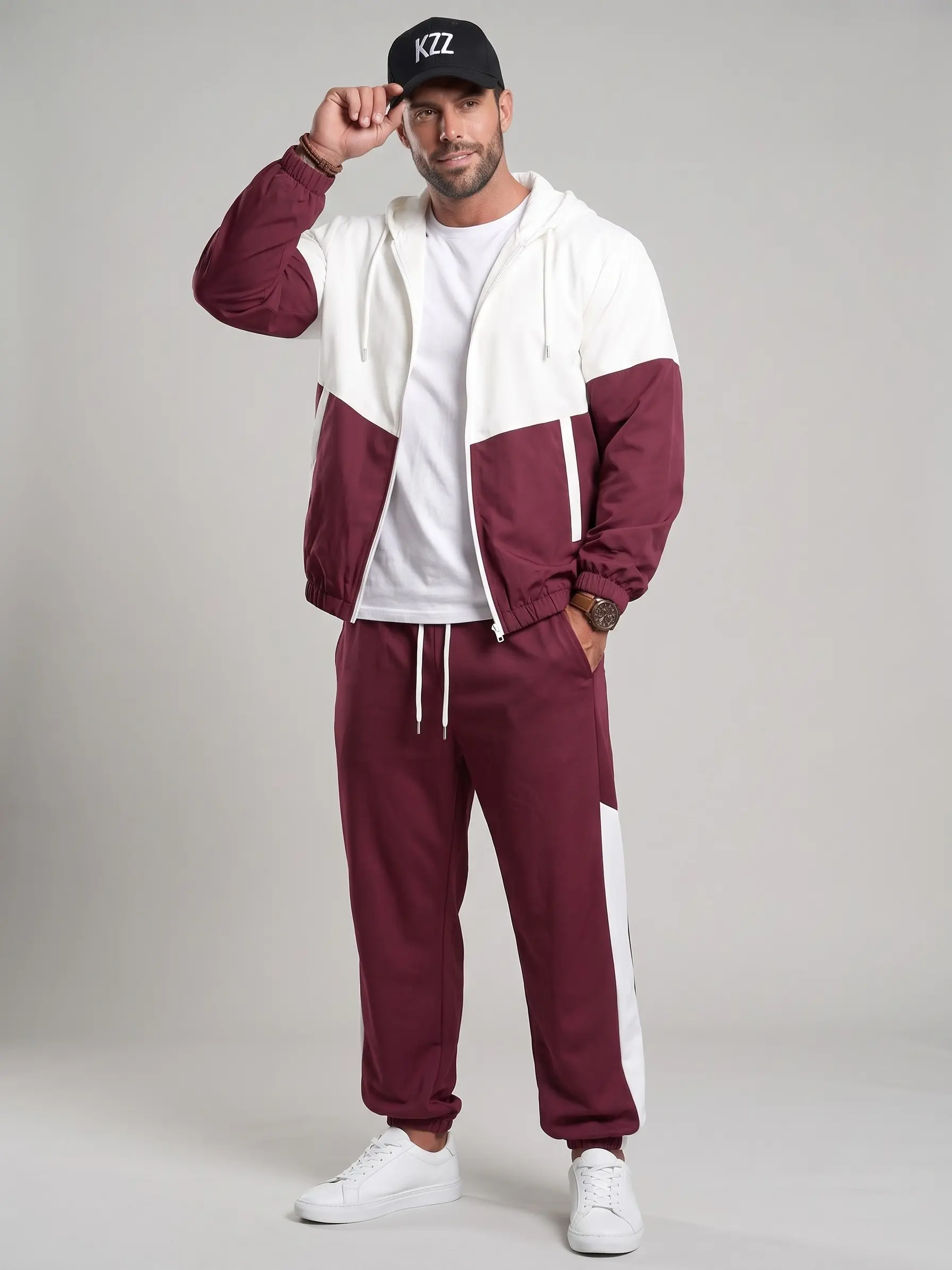 KZZ Men's Colorblock 2-Piece French Terry Chandal - Adjustable Zip-Up Hoodie & Long Sleeve Joggers Workout Set, Men's Clothing Sports Outerwear Streetwear Clothes