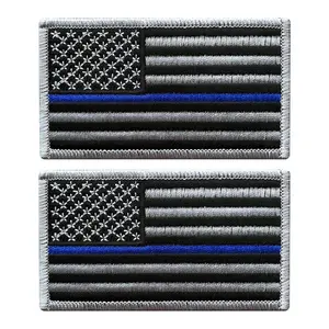 USA Flag Subdued Thin Blue Line Police Patch [2PC Bundle-3.5 X 2.0-Iron ON-BP7]