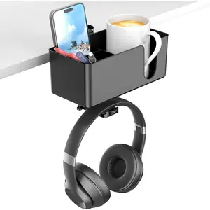 4 in 1 Desk Cup Holder - Clamp on Under Desk Headphone Hanger - Rotating Detachable Pen Cup Holder Desktop Storage for Cup, Phone and Pen (Black)