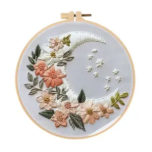 Beginner-Friendly Embroidery Kit, Elegant Cross Stitch Set, Silver Moon Flower Blossoms Style, Floral Embroidery, DIY Embroidery Supplies, Embroidery Thread, Includes Printed Cotton Fabric, English