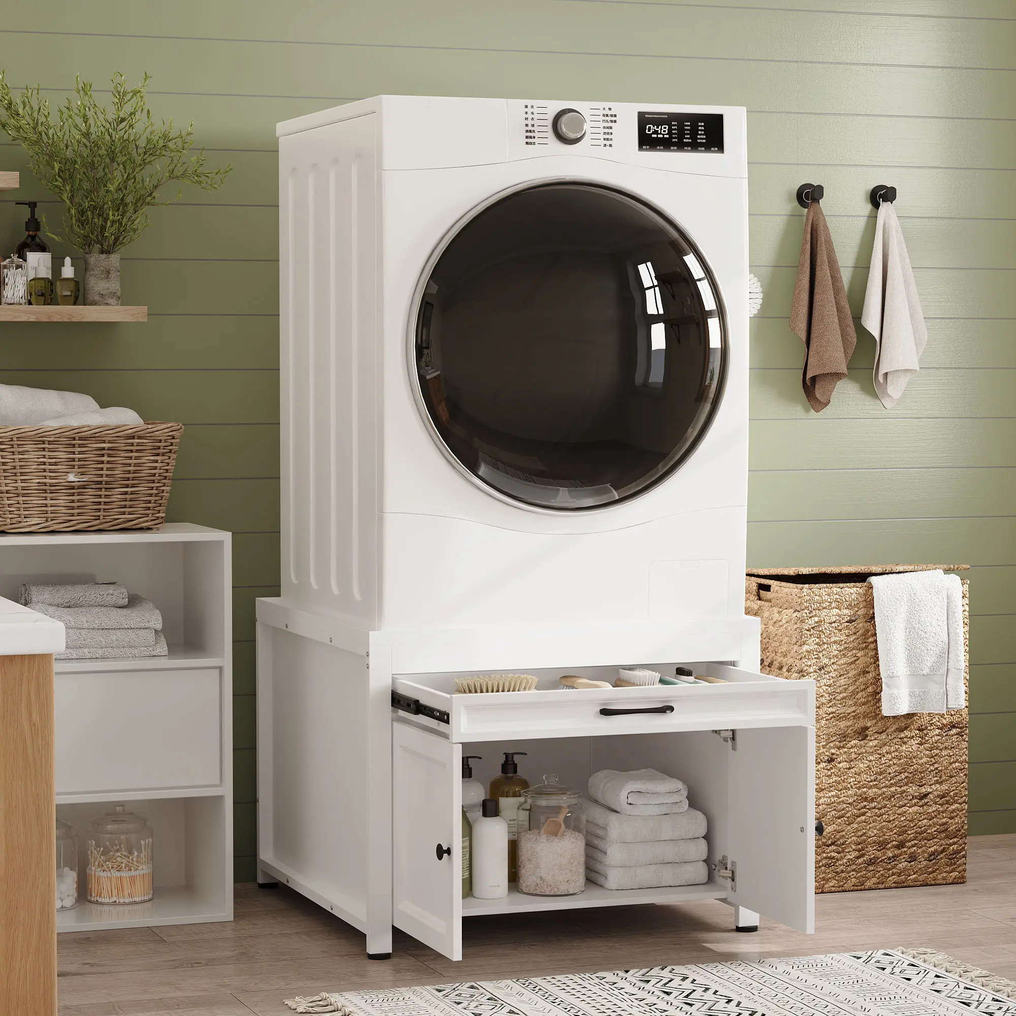 FUFU&GAGA 29.1" White Washer Dryer Pedestal Cabinet with Pull-Out Utility Drawer & Double Storage Doors, Heavy Duty Laundry Storage Base Stand for Front Load Washing Machine