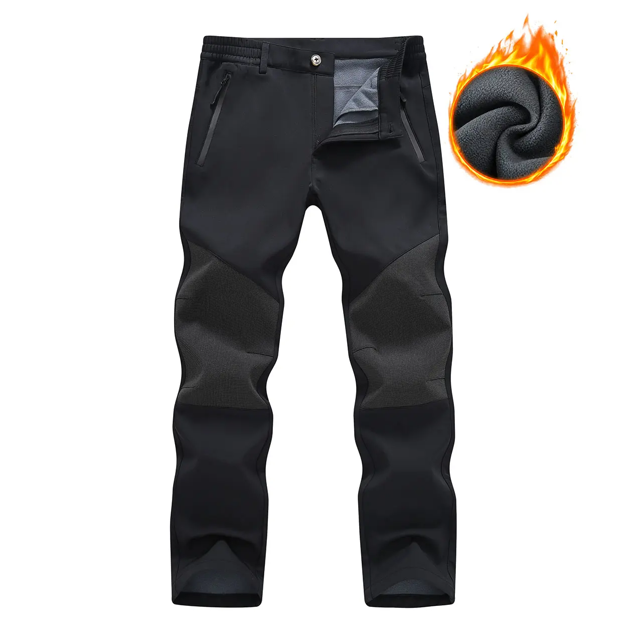 Men’s Waterproof Winter Pants, Insulated Fleece Lined Softshell Hiking Pants with Reinforced Knees, Zipper Pockets & Stretch Waist