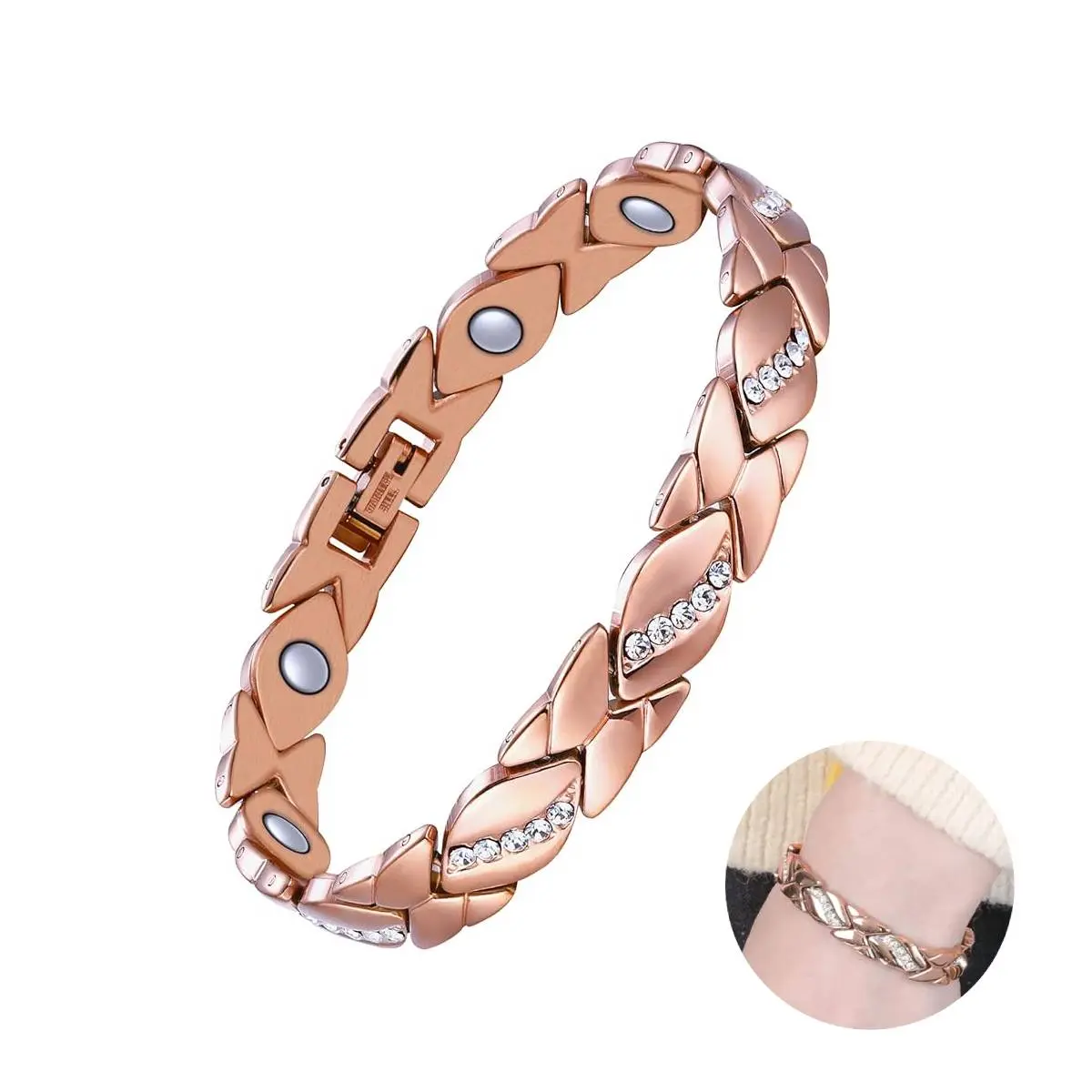 Pure Copper Magnetic Bracelet for Women & Men, Hip Hop Style Crystal Link Chain for Daily Wear & Outdoor Fun, Ideal Mother's Day Gift, Valentine's Day Gift, 8.07In-8.46In, Crystal Valentine's Day Gift
